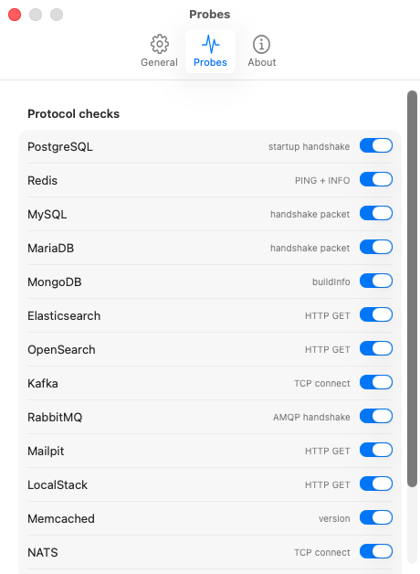 ServeMon's Settings window on the Probes tab: one toggle per service kind — PostgreSQL, Redis, MySQL and MariaDB, MongoDB, Elasticsearch, RabbitMQ, and the rest — above the background refresh interval.